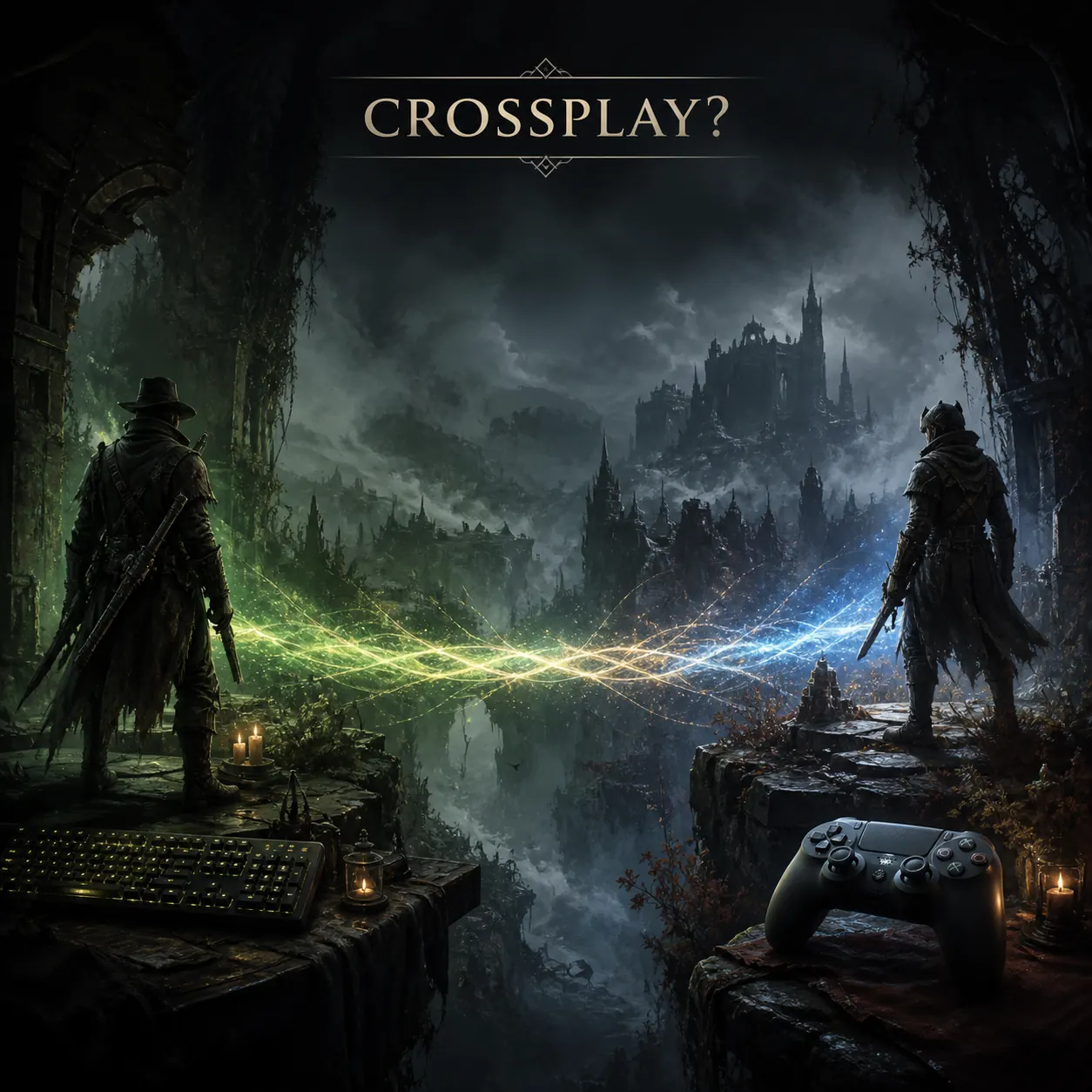 Concepto editorial de dos jugadores de Mistfall Hunter en PC y consola conectados sobre un paisaje de fantasía oscura
