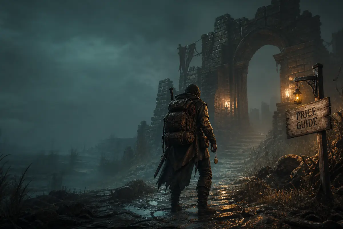 Ilustración editorial de una expedición de Mistfall Hunter ante una puerta en ruinas con un cartel de guía de precios