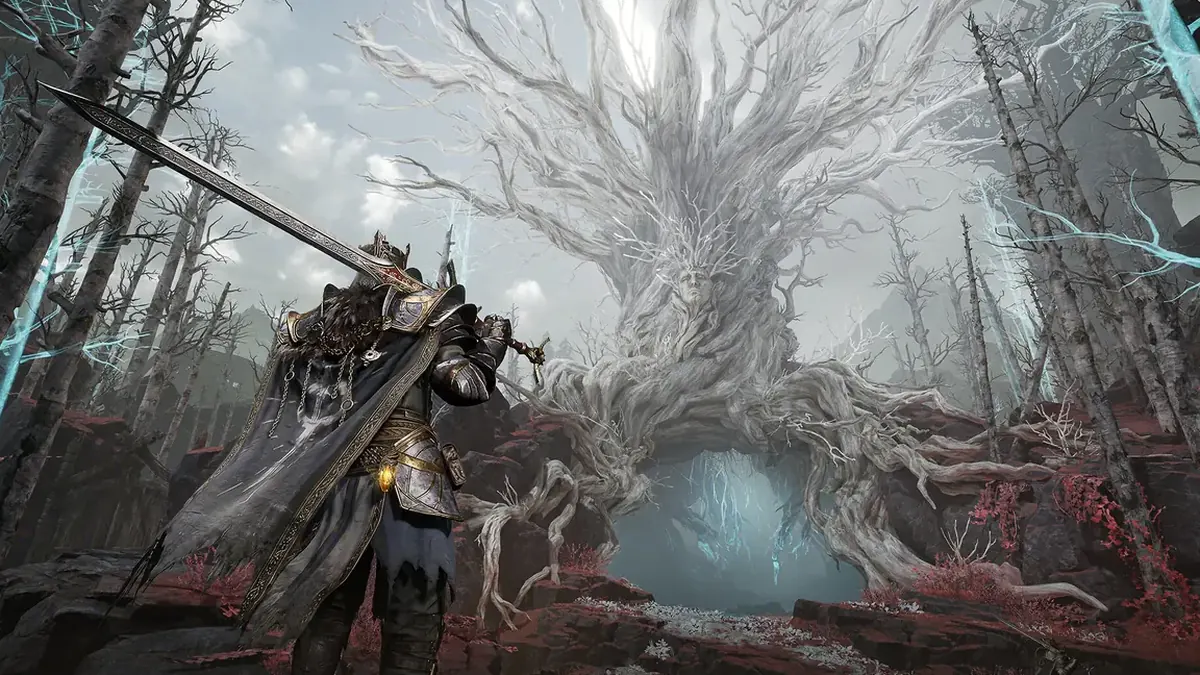 Captura oficial da Steam de Mistfall Hunter mostrando um caçador diante de um grande inimigo semelhante a uma árvore