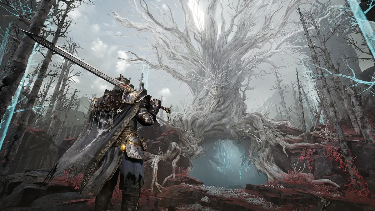 Captura oficial de Steam de Mistfall Hunter con un cazador frente a un jefe con forma de árbol en un bosque oscuro