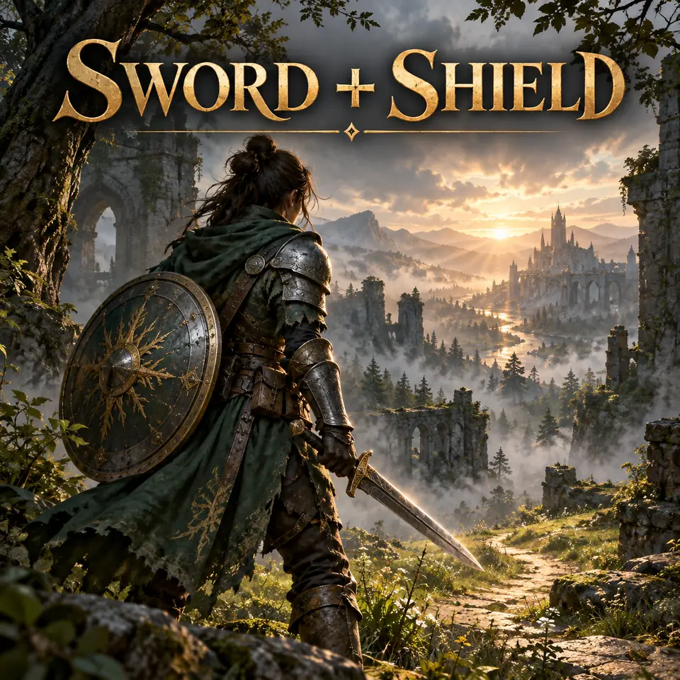 Editorial fantasy concept art of a hunter carrying a sword and shield, with the short label Sword + Shield